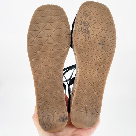 Prada Black Raffia Crochet Logo Wedge Leather Lace Up Ankle Tie Sandal IT 41 - Picture 12 of 13